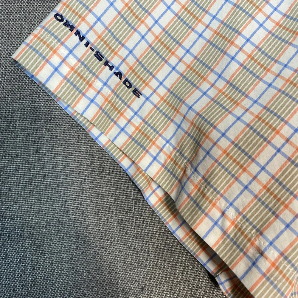 Columbia PFG‎ Super Bahama Fishing Shirt Mens XL Orange Blue Plaid Short Sleeve